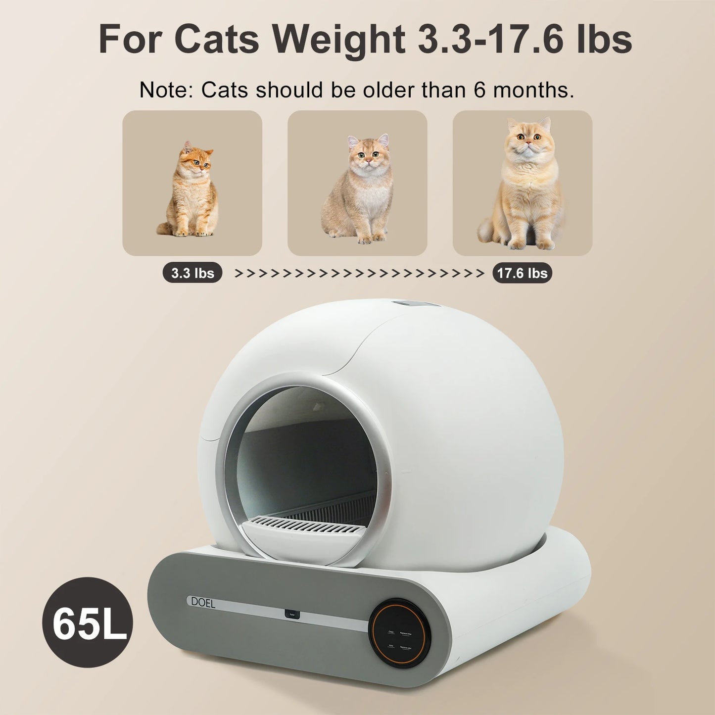DOEL Self Cleaning Cat Litter Box 65L Automatic Cat Litter Box w/ Trash Bag & Litter Mat Smart Cat Toilet App Control 2.4G WiFi